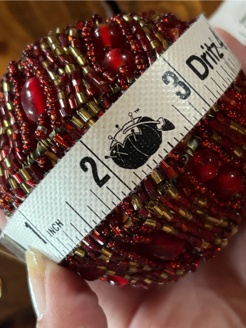 Handmade Beaded Christmas Ornament Red & Gold Glass Beads with Vintage Hook